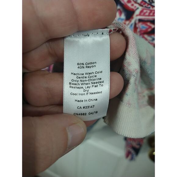 Talbots Sweater Women LP Dark Blue Pink Paisley Knit Stretch Lightweight Top - Picture 7 of 8